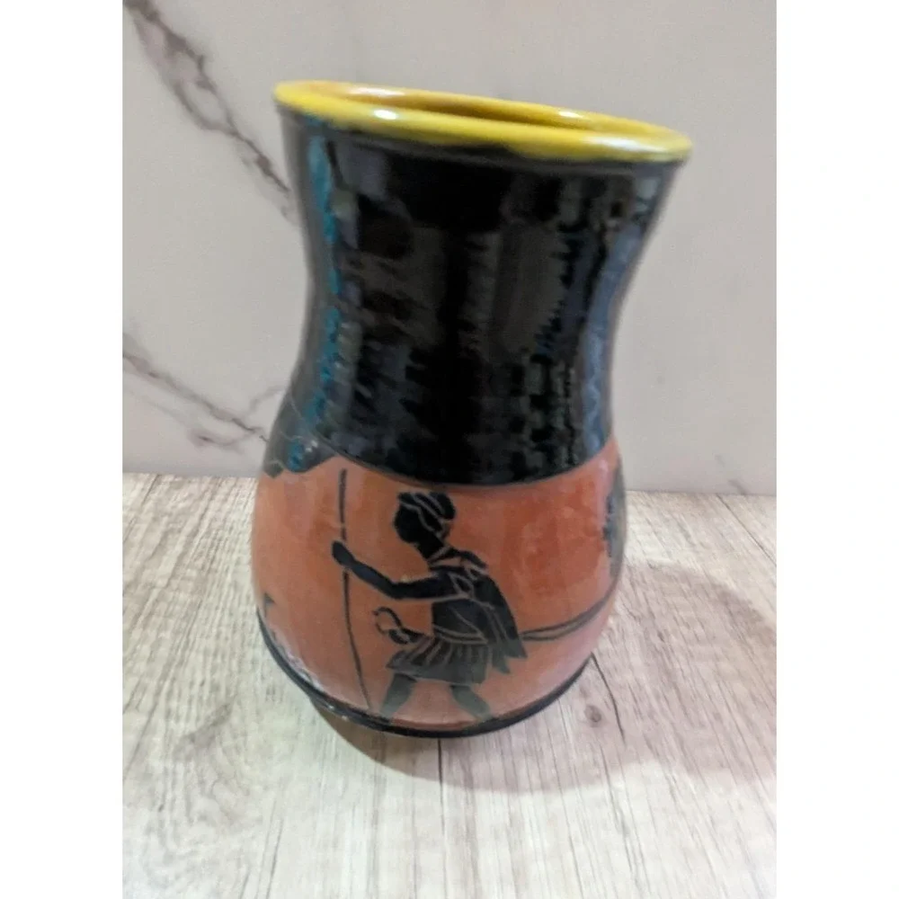Vintage 1974 Studio Pottery Vase Black Horse Yellow Rim Signed Benham?‎ 7